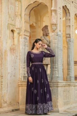 Purple Chinon Silk Block Print Anarkali Dress With Embroidered Belt -ZAZU Clothing Shop 1289purple7