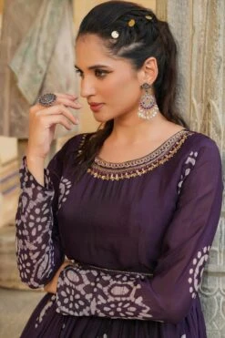 Purple Chinon Silk Block Print Anarkali Dress With Embroidered Belt -ZAZU Clothing Shop 1289purpleb