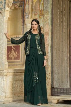Darkgreen Georgette Saree Drape Pleated Ethnic Fusion Dress With Embellished Jacket