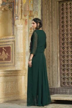 Darkgreen Georgette Saree Drape Pleated Ethnic Fusion Dress With Embellished Jacket -ZAZU Clothing Shop 1316darkgreen3
