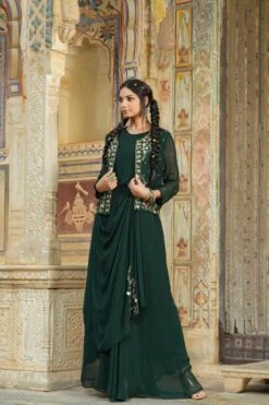 Darkgreen Georgette Saree Drape Pleated Ethnic Fusion Dress With Embellished Jacket -ZAZU Clothing Shop 1316darkgreen4