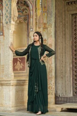Darkgreen Georgette Saree Drape Pleated Ethnic Fusion Dress With Embellished Jacket -ZAZU Clothing Shop 1316darkgreen5