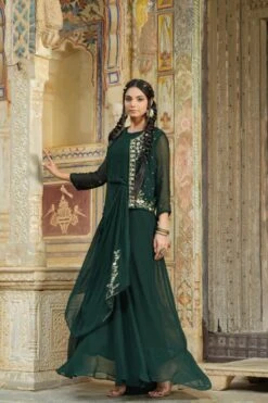 Darkgreen Georgette Saree Drape Pleated Ethnic Fusion Dress With Embellished Jacket -ZAZU Clothing Shop 1316darkgreen6