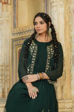 Darkgreen Georgette Saree Drape Pleated Ethnic Fusion Dress With Embellished Jacket -ZAZU Clothing Shop 1316darkgreenb