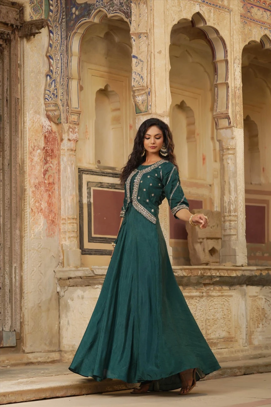 Jadegreen Dola Silk Embellished Hand Work Jacket Style Flared Ethnic Dress 3 Jadegreen Dola Silk Embellished Hand Work Jacket Style Flared Ethnic Dress