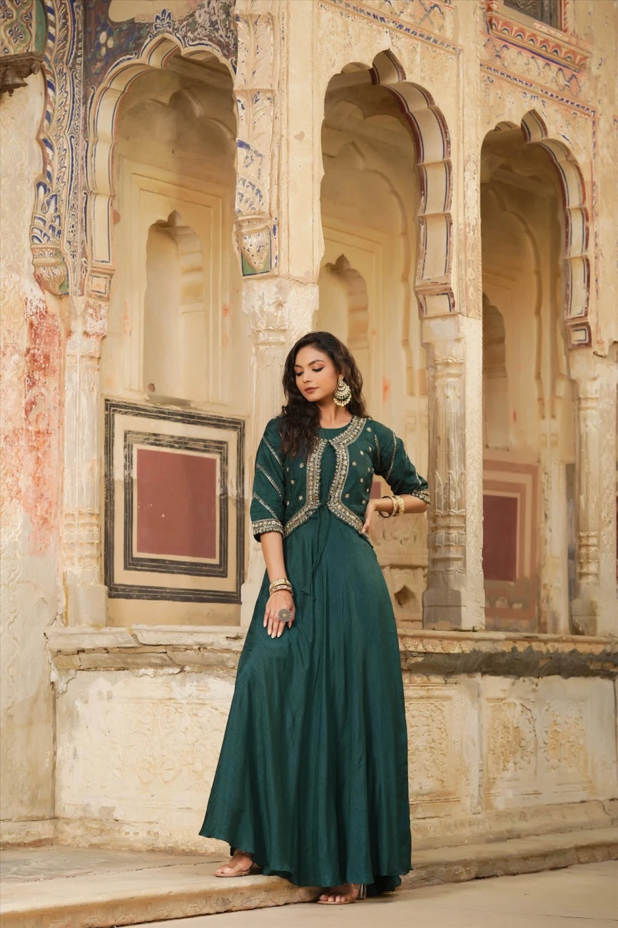 Jadegreen Dola Silk Embellished Hand Work Jacket Style Flared Ethnic Dress 4 Jadegreen Dola Silk Embellished Hand Work Jacket Style Flared Ethnic Dress - Image 2