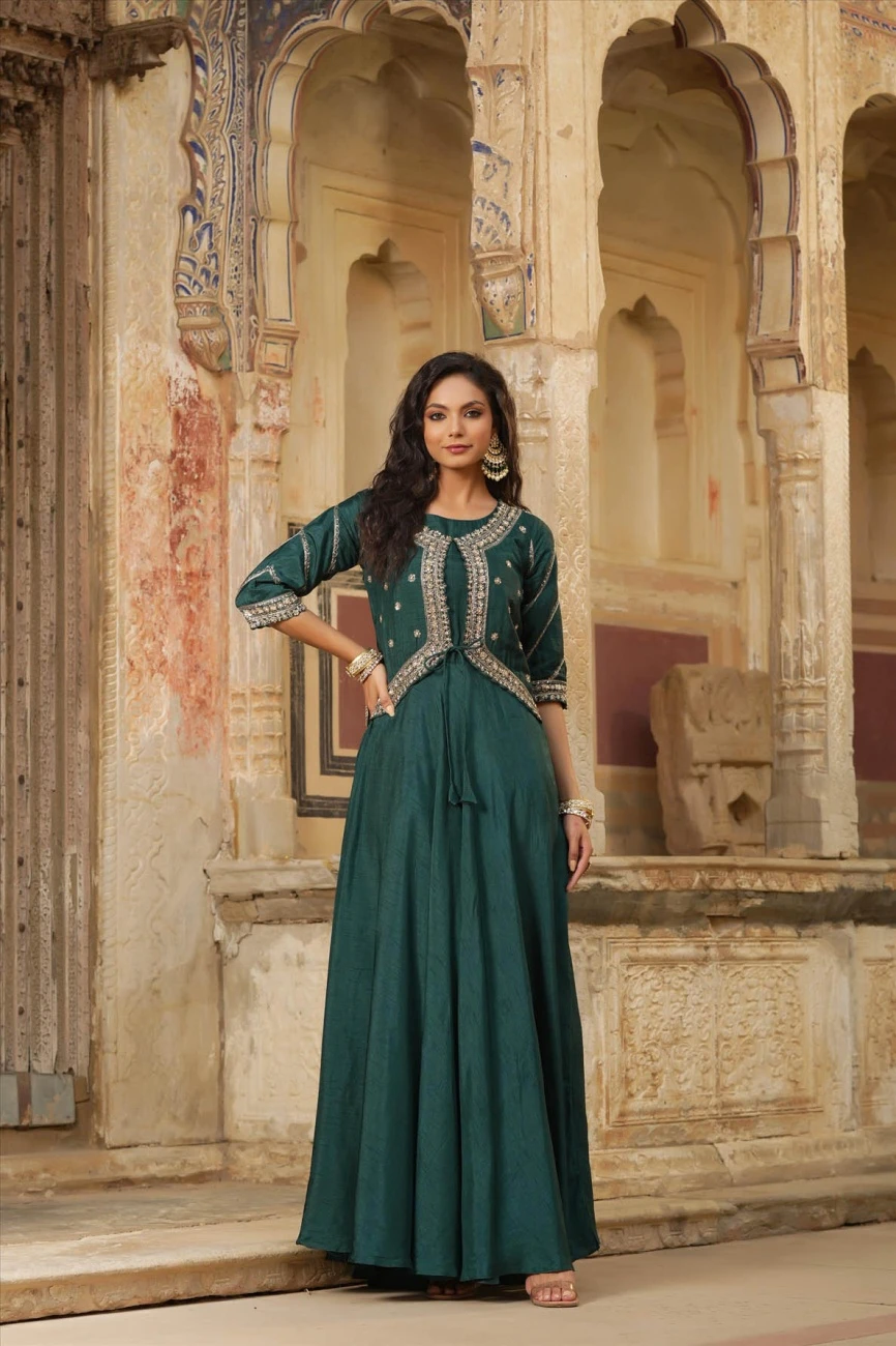 Jadegreen Dola Silk Embellished Hand Work Jacket Style Flared Ethnic Dress 6 Jadegreen Dola Silk Embellished Hand Work Jacket Style Flared Ethnic Dress - Image 4