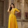 Yellow Dola Silk Embellished Hand Work Jacket Style Flared Ethnic Dress -ZAZU Clothing Shop 1355yellow1