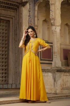 Yellow Dola Silk Embellished Hand Work Jacket Style Flared Ethnic Dress