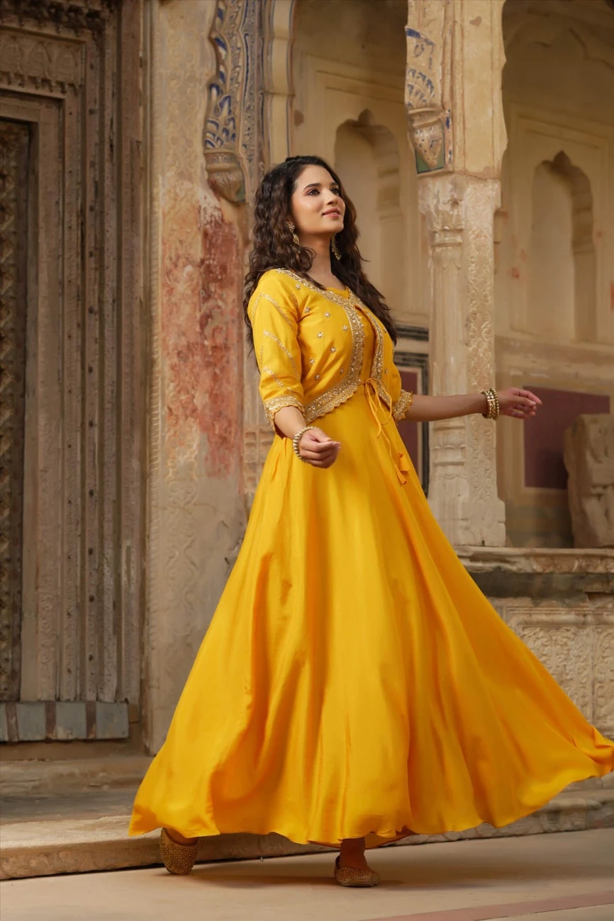 Yellow Dola Silk Embellished Hand Work Jacket Style Flared Ethnic Dress 4 Yellow Dola Silk Embellished Hand Work Jacket Style Flared Ethnic Dress - Image 2