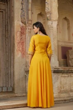 Yellow Dola Silk Embellished Hand Work Jacket Style Flared Ethnic Dress 11 Yellow Dola Silk Embellished Hand Work Jacket Style Flared Ethnic Dress -ZAZU Clothing Shop 1355yellow3