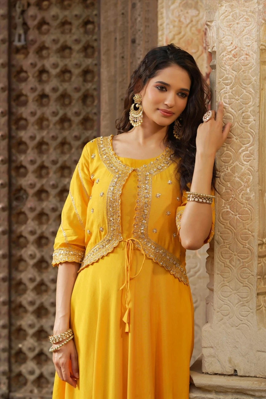 Yellow Dola Silk Embellished Hand Work Jacket Style Flared Ethnic Dress 6 Yellow Dola Silk Embellished Hand Work Jacket Style Flared Ethnic Dress - Image 4