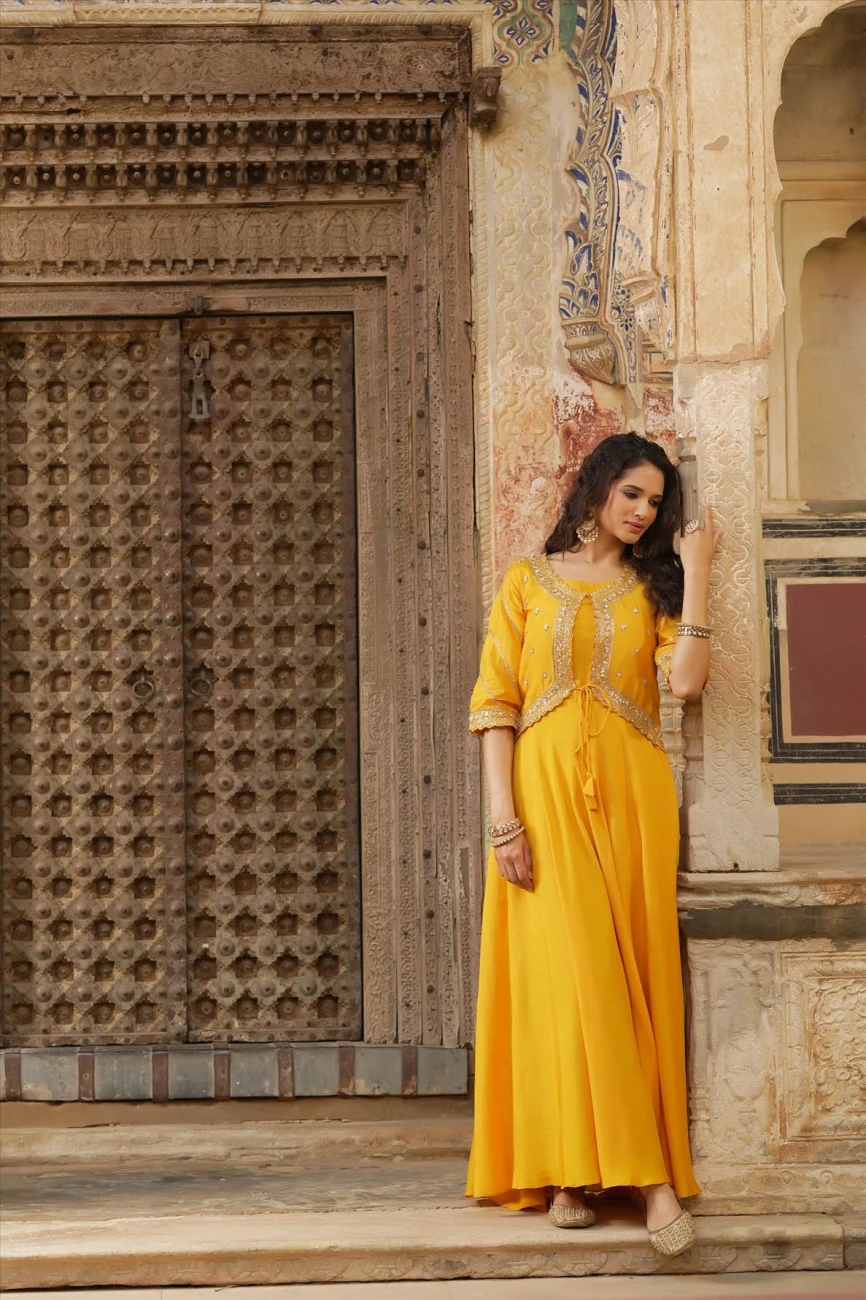 Yellow Dola Silk Embellished Hand Work Jacket Style Flared Ethnic Dress 7 Yellow Dola Silk Embellished Hand Work Jacket Style Flared Ethnic Dress - Image 5