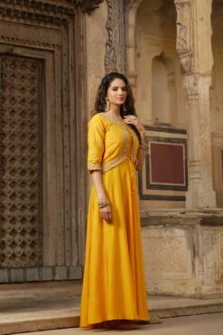 Yellow Dola Silk Embellished Hand Work Jacket Style Flared Ethnic Dress 14 Yellow Dola Silk Embellished Hand Work Jacket Style Flared Ethnic Dress -ZAZU Clothing Shop 1355yellow6
