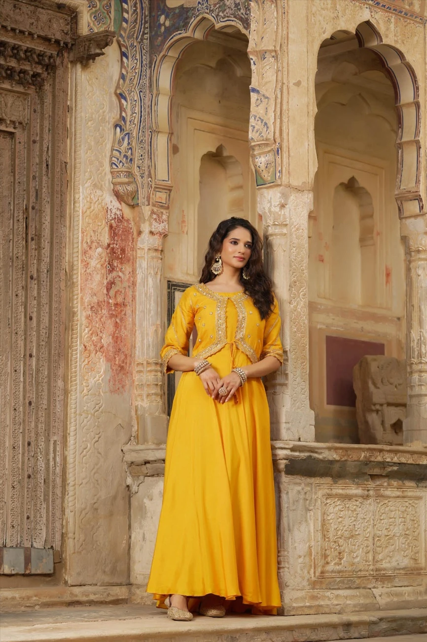 Yellow Dola Silk Embellished Hand Work Jacket Style Flared Ethnic Dress 9 Yellow Dola Silk Embellished Hand Work Jacket Style Flared Ethnic Dress - Image 7