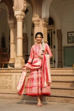 Pink Modal Muslin Ombre Gota Anarkali Ethnic Dress With Dupatta And Potli -ZAZU Clothing Shop 1388pink3