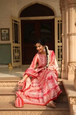 Pink Modal Muslin Ombre Gota Anarkali Ethnic Dress With Dupatta And Potli -ZAZU Clothing Shop 1388pinkb