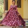 Mauve Mul Cotton Floral Print Gathered Ethnic Dress With Cotton Gota Work Dupatta 2 Mauve Mul Cotton Floral Print Gathered Ethnic Dress With Cotton Gota Work Dupatta -ZAZU Clothing Shop 1402mauve1