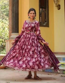 Mauve Mul Cotton Floral Print Gathered Ethnic Dress With Cotton Gota Work Dupatta