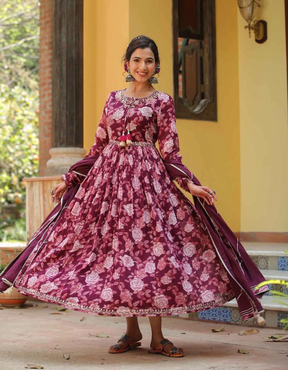 Mauve Mul Cotton Floral Print Gathered Ethnic Dress With Cotton Gota Work Dupatta 3 Mauve Mul Cotton Floral Print Gathered Ethnic Dress With Cotton Gota Work Dupatta