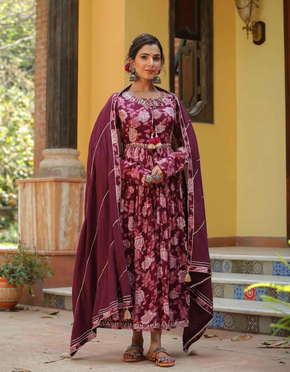 Mauve Mul Cotton Floral Print Gathered Ethnic Dress With Cotton Gota Work Dupatta 4 Mauve Mul Cotton Floral Print Gathered Ethnic Dress With Cotton Gota Work Dupatta - Image 2