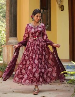 Mauve Mul Cotton Floral Print Gathered Ethnic Dress With Cotton Gota Work Dupatta 11 Mauve Mul Cotton Floral Print Gathered Ethnic Dress With Cotton Gota Work Dupatta -ZAZU Clothing Shop 1402mauve3