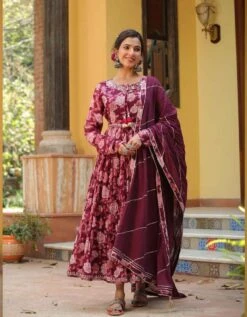 Mauve Mul Cotton Floral Print Gathered Ethnic Dress With Cotton Gota Work Dupatta 12 Mauve Mul Cotton Floral Print Gathered Ethnic Dress With Cotton Gota Work Dupatta -ZAZU Clothing Shop 1402mauve4