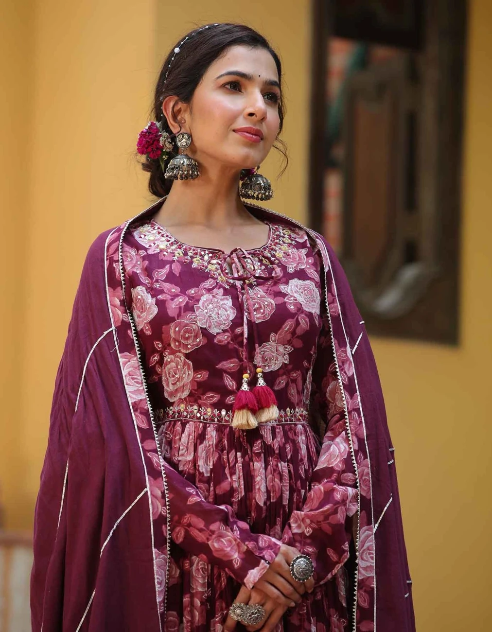 Mauve Mul Cotton Floral Print Gathered Ethnic Dress With Cotton Gota Work Dupatta 7 Mauve Mul Cotton Floral Print Gathered Ethnic Dress With Cotton Gota Work Dupatta - Image 5