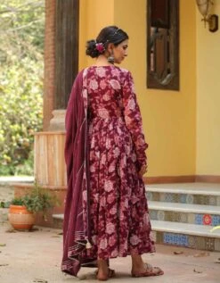 Mauve Mul Cotton Floral Print Gathered Ethnic Dress With Cotton Gota Work Dupatta 14 Mauve Mul Cotton Floral Print Gathered Ethnic Dress With Cotton Gota Work Dupatta -ZAZU Clothing Shop 1402mauve6