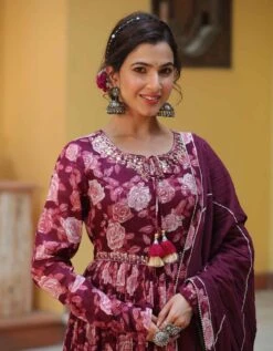 Mauve Mul Cotton Floral Print Gathered Ethnic Dress With Cotton Gota Work Dupatta 15 Mauve Mul Cotton Floral Print Gathered Ethnic Dress With Cotton Gota Work Dupatta -ZAZU Clothing Shop 1402mauveb