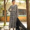 Black Mul Cotton Floral Print Gathered Ethnic Dress With Cotton Gota Work Dupatta And Belt -ZAZU Clothing Shop 1404black1