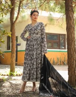 Black Mul Cotton Floral Print Gathered Ethnic Dress With Cotton Gota Work Dupatta And Belt