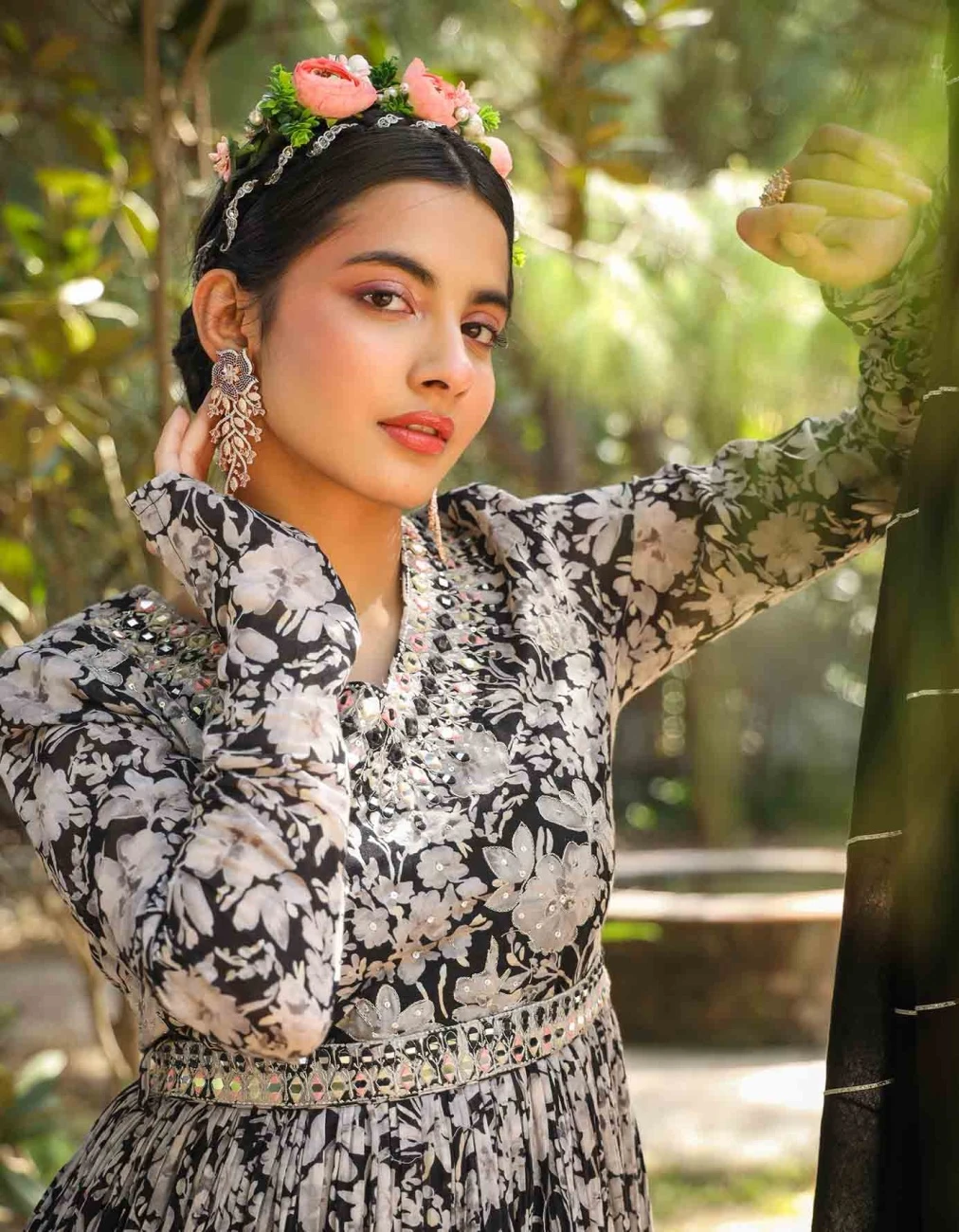 Black Mul Cotton Floral Print Gathered Ethnic Dress With Cotton Gota Work Dupatta And Belt 4 Black Mul Cotton Floral Print Gathered Ethnic Dress With Cotton Gota Work Dupatta And Belt - Image 2