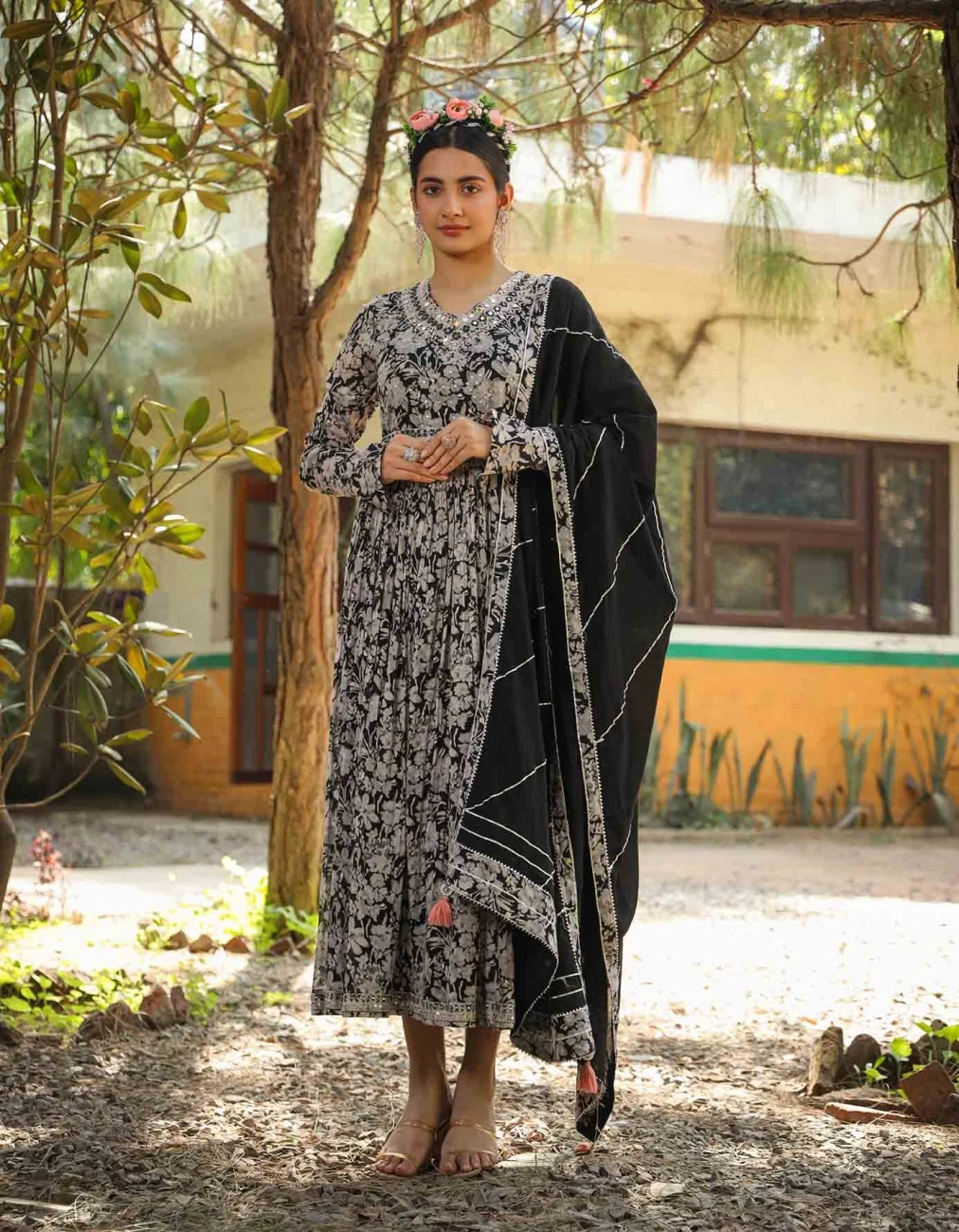 Black Mul Cotton Floral Print Gathered Ethnic Dress With Cotton Gota Work Dupatta And Belt 5 Black Mul Cotton Floral Print Gathered Ethnic Dress With Cotton Gota Work Dupatta And Belt - Image 3