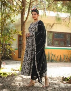 Black Mul Cotton Floral Print Gathered Ethnic Dress With Cotton Gota Work Dupatta And Belt 14 Black Mul Cotton Floral Print Gathered Ethnic Dress With Cotton Gota Work Dupatta And Belt -ZAZU Clothing Shop 1404black5