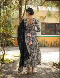 Black Mul Cotton Floral Print Gathered Ethnic Dress With Cotton Gota Work Dupatta And Belt 16 Black Mul Cotton Floral Print Gathered Ethnic Dress With Cotton Gota Work Dupatta And Belt -ZAZU Clothing Shop 1404black7
