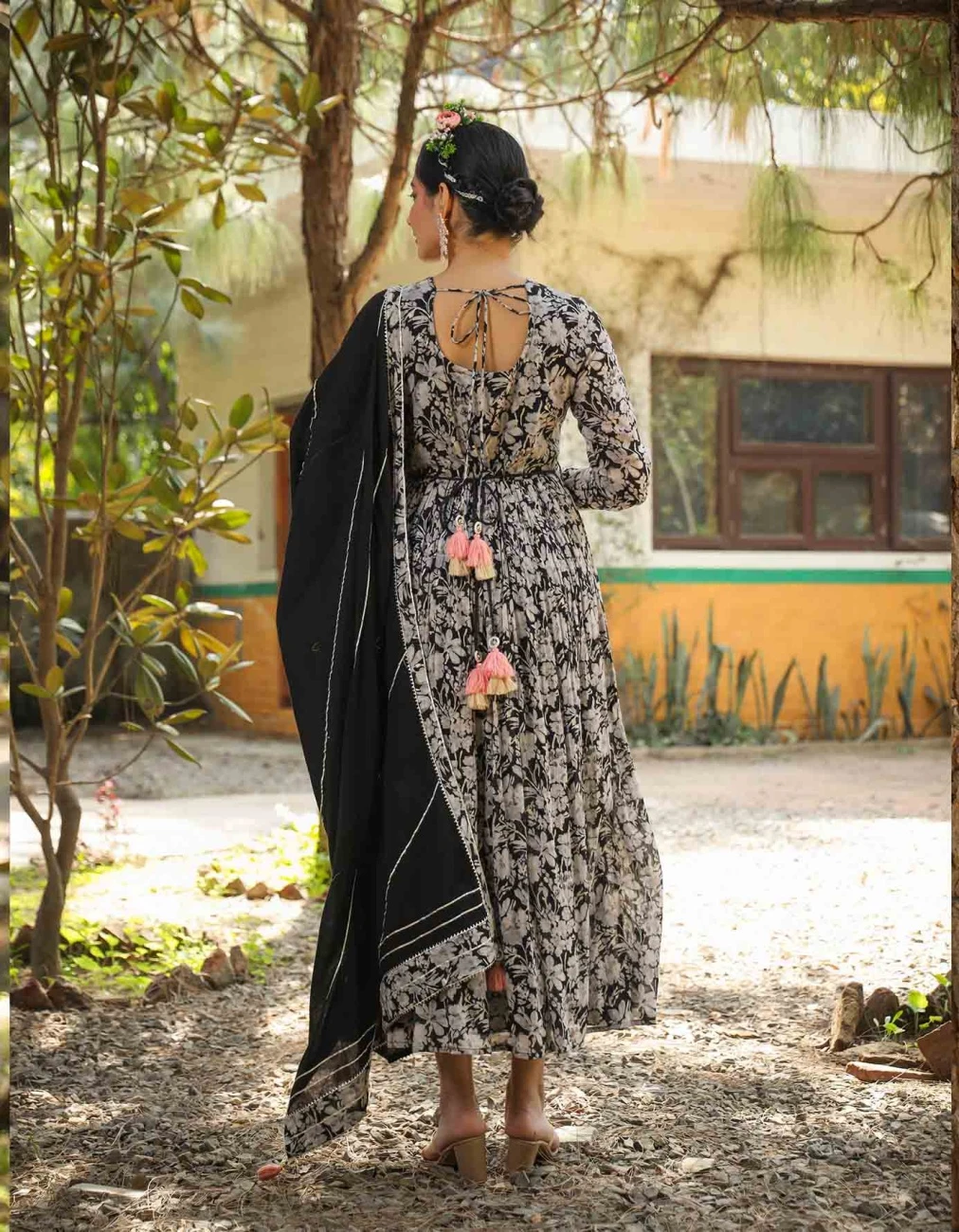 Black Mul Cotton Floral Print Gathered Ethnic Dress With Cotton Gota Work Dupatta And Belt 9 Black Mul Cotton Floral Print Gathered Ethnic Dress With Cotton Gota Work Dupatta And Belt - Image 7