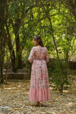 Pink Pure Muslin Silk Floral Print Flared Ethnic Dress With Belt -ZAZU Clothing Shop 1457pink2