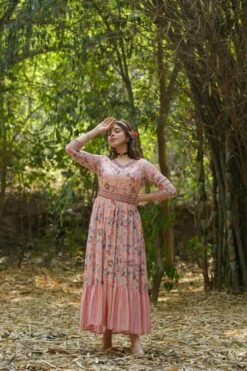 Pink Pure Muslin Silk Floral Print Flared Ethnic Dress With Belt -ZAZU Clothing Shop 1457pink3