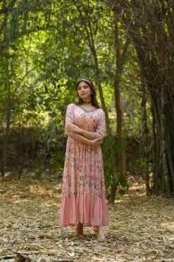 Pink Pure Muslin Silk Floral Print Flared Ethnic Dress With Belt -ZAZU Clothing Shop 1457pink4
