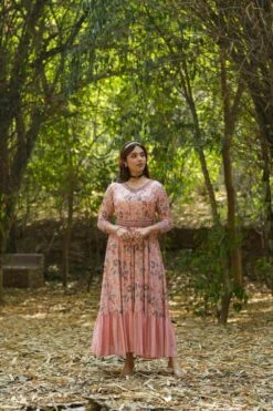 Pink Pure Muslin Silk Floral Print Flared Ethnic Dress With Belt -ZAZU Clothing Shop 1457pink5