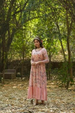 Pink Pure Muslin Silk Floral Print Flared Ethnic Dress With Belt -ZAZU Clothing Shop 1457pink6