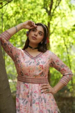 Pink Pure Muslin Silk Floral Print Flared Ethnic Dress With Belt -ZAZU Clothing Shop 1457pinkb 1