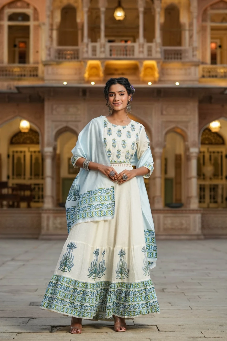 Blue Cotton Dobby Floral Print Flared Anarkali Dress With Cotton Printed Dupatta And Belt 4 Blue Cotton Dobby Floral Print Flared Anarkali Dress With Cotton Printed Dupatta And Belt - Image 2