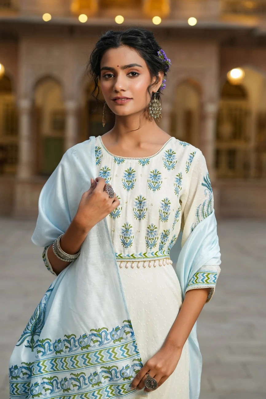 Blue Cotton Dobby Floral Print Flared Anarkali Dress With Cotton Printed Dupatta And Belt 5 Blue Cotton Dobby Floral Print Flared Anarkali Dress With Cotton Printed Dupatta And Belt - Image 3