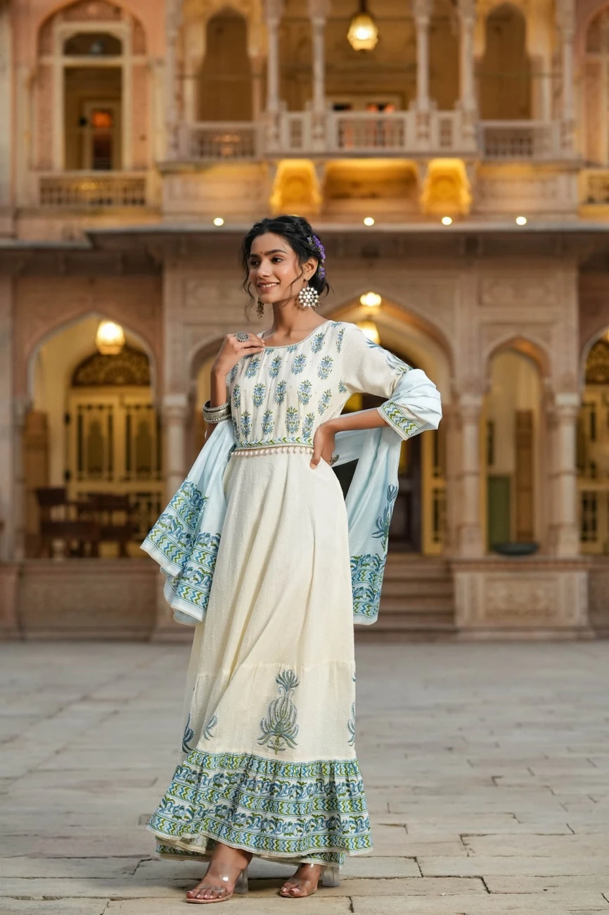 Blue Cotton Dobby Floral Print Flared Anarkali Dress With Cotton Printed Dupatta And Belt 7 Blue Cotton Dobby Floral Print Flared Anarkali Dress With Cotton Printed Dupatta And Belt - Image 5