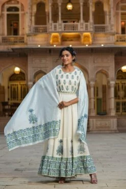 Blue Cotton Dobby Floral Print Flared Anarkali Dress With Cotton Printed Dupatta And Belt 14 Blue Cotton Dobby Floral Print Flared Anarkali Dress With Cotton Printed Dupatta And Belt -ZAZU Clothing Shop 1465blue6