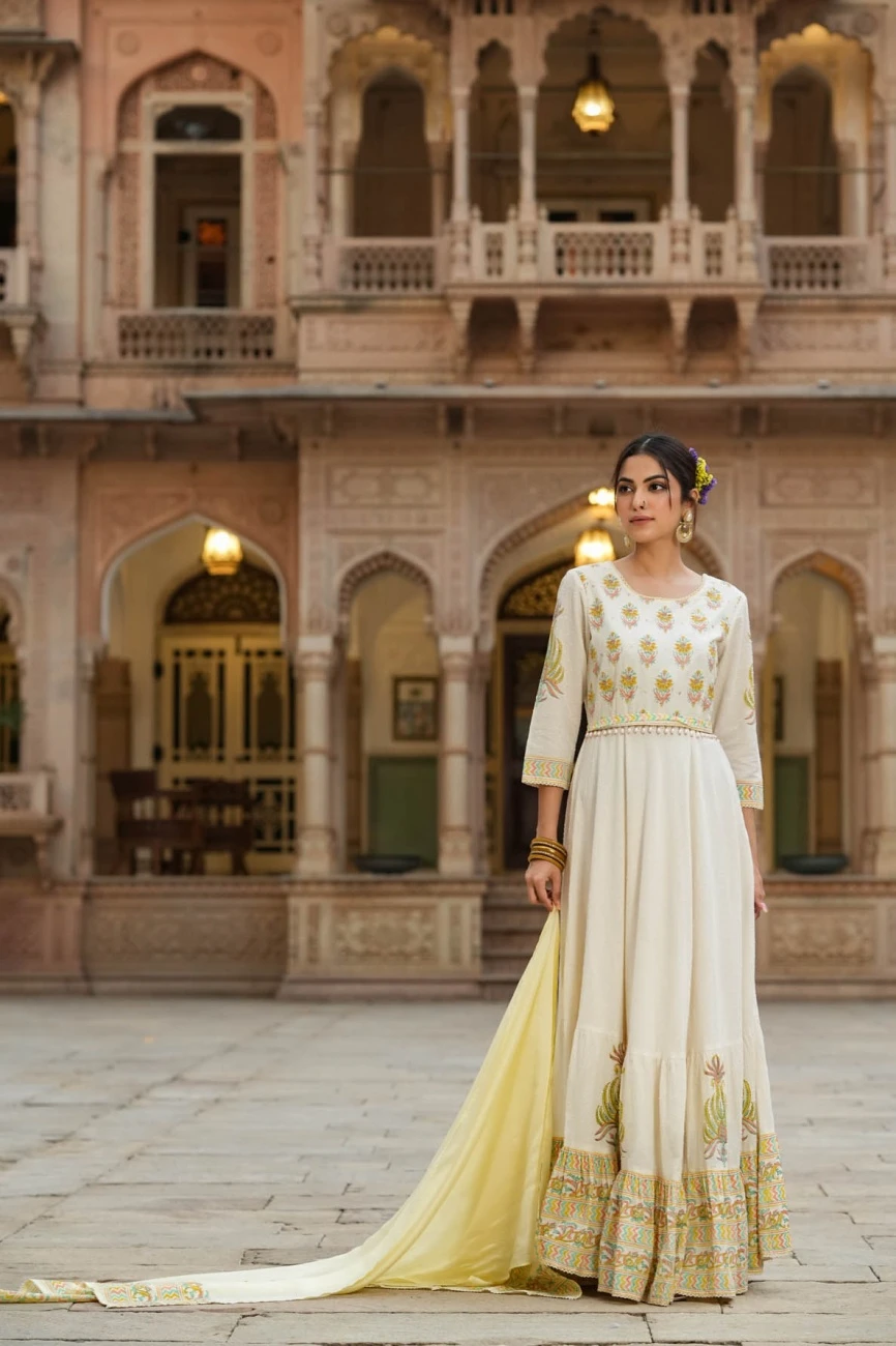 Yellow Cotton Dobby Floral Print Flared Anarkali Dress With Cotton Printed Dupatta And Belt 4 Yellow Cotton Dobby Floral Print Flared Anarkali Dress With Cotton Printed Dupatta And Belt - Image 2