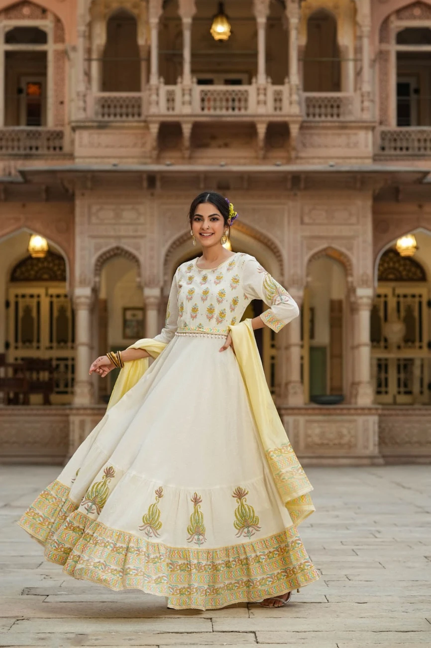 Yellow Cotton Dobby Floral Print Flared Anarkali Dress With Cotton Printed Dupatta And Belt 7 Yellow Cotton Dobby Floral Print Flared Anarkali Dress With Cotton Printed Dupatta And Belt - Image 5