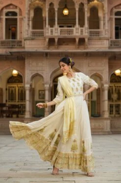 Yellow Cotton Dobby Floral Print Flared Anarkali Dress With Cotton Printed Dupatta And Belt 14 Yellow Cotton Dobby Floral Print Flared Anarkali Dress With Cotton Printed Dupatta And Belt -ZAZU Clothing Shop 1465yellow6